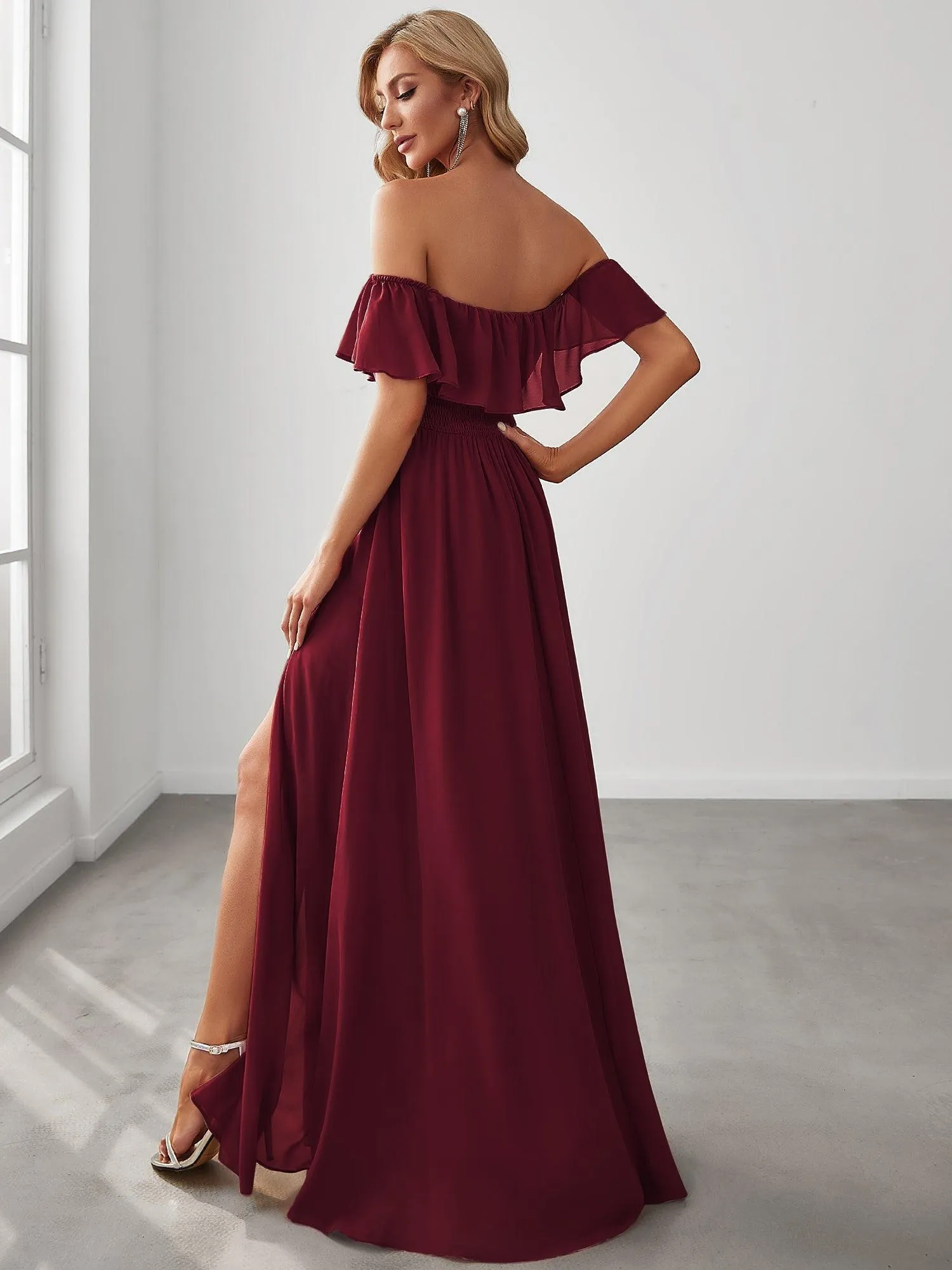 Robe Demoiselle d'Honneur belle Longue Fendue à épaules Dénudées