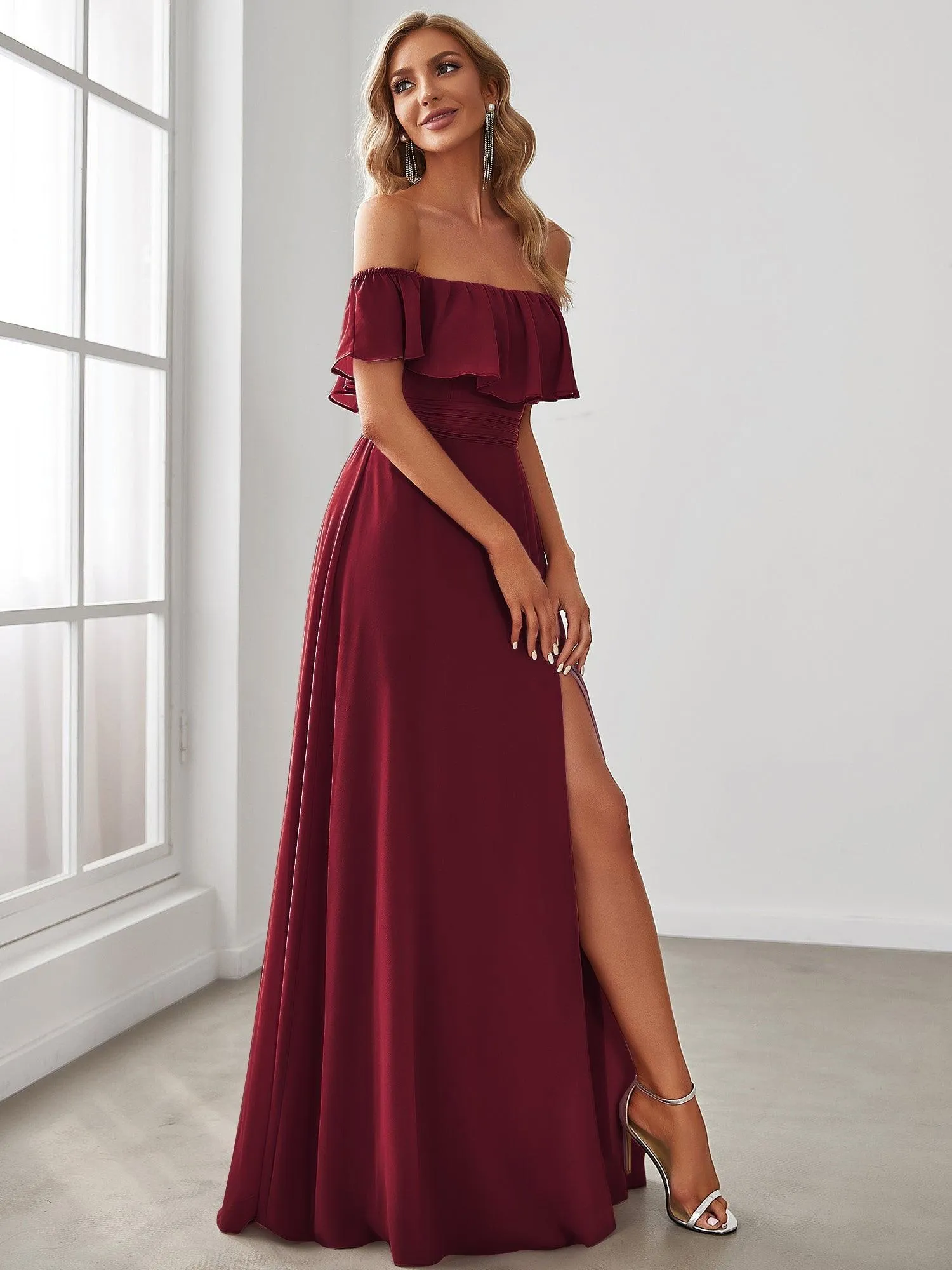 Robe Demoiselle d'Honneur belle Longue Fendue à épaules Dénudées
