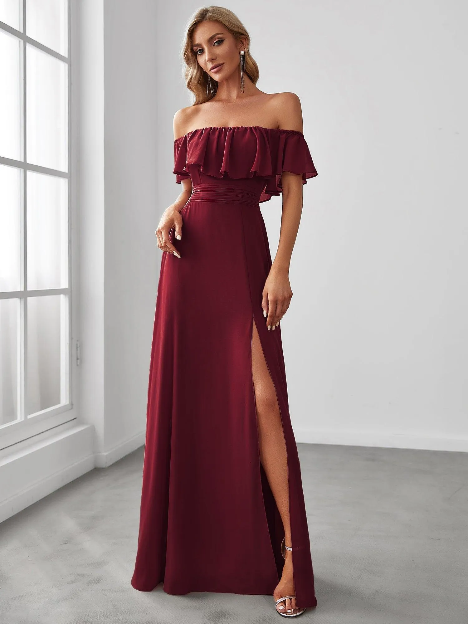 Robe Demoiselle d'Honneur belle Longue Fendue à épaules Dénudées