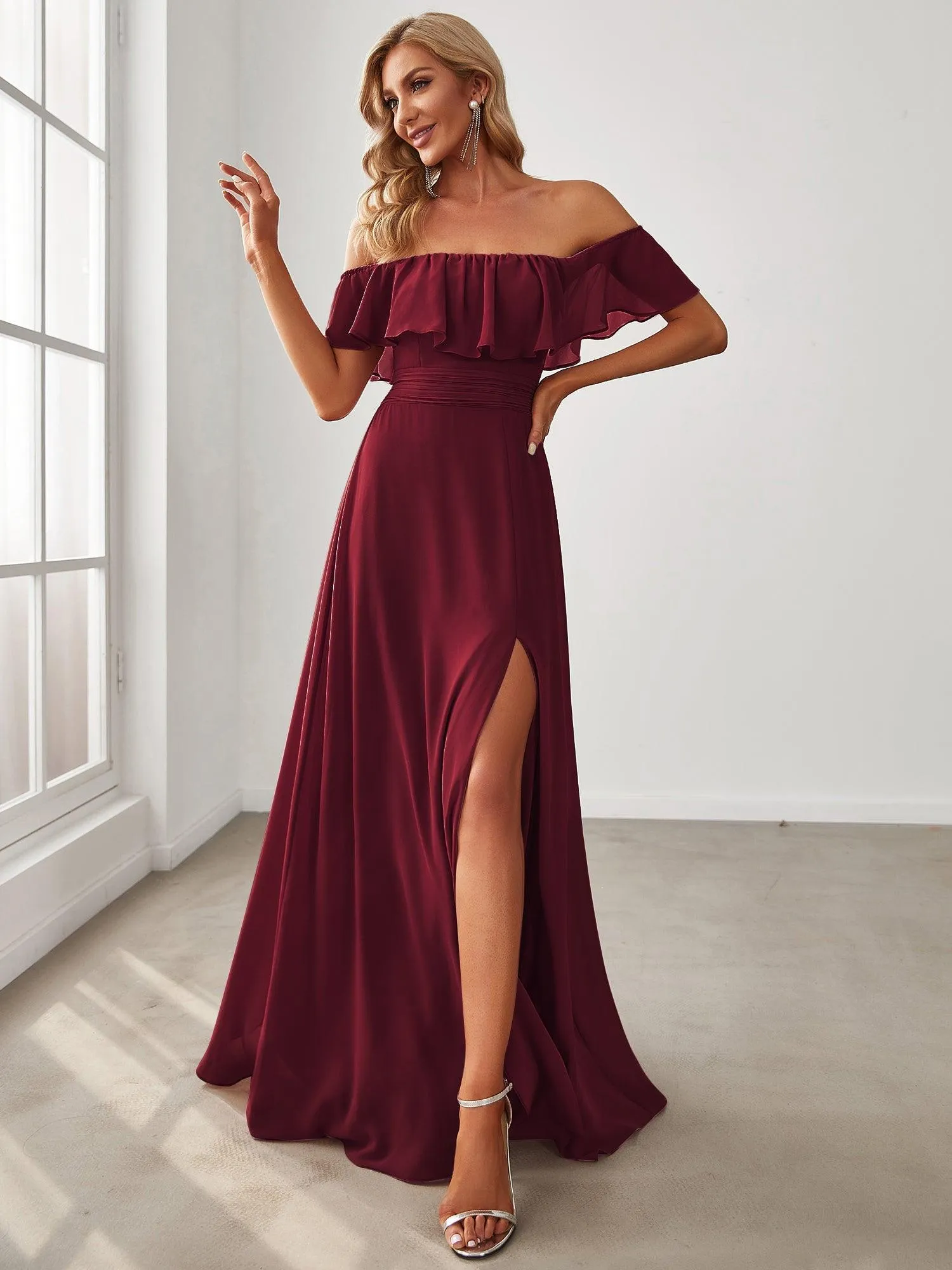 Robe Demoiselle d'Honneur belle Longue Fendue à épaules Dénudées