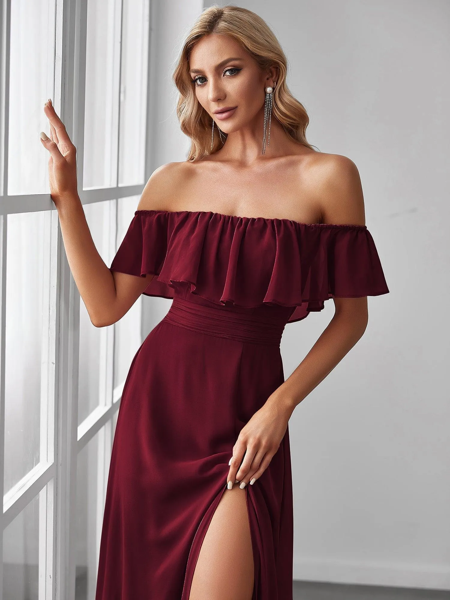 Robe Demoiselle d'Honneur belle Longue Fendue à épaules Dénudées
