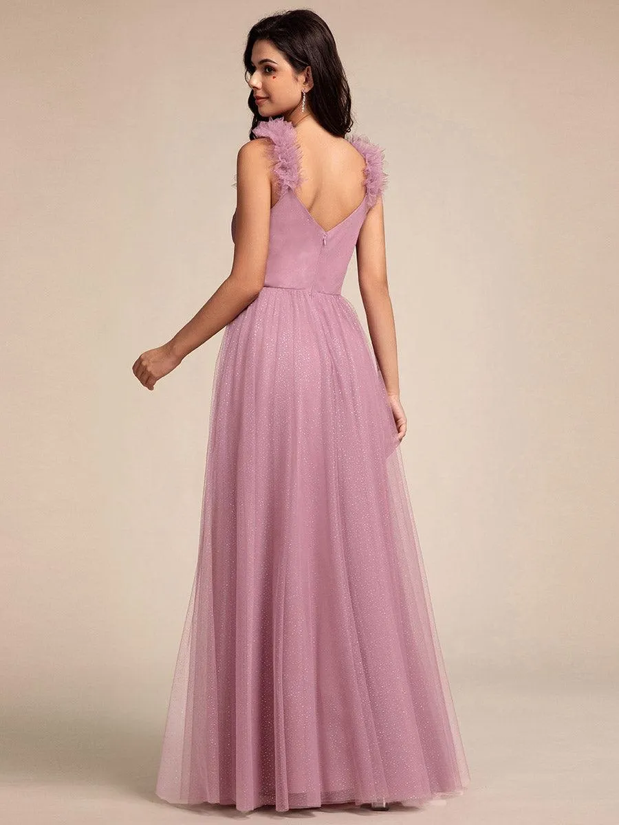 Robe longue de demoiselle d'honneur plissée sans manches à paillettes