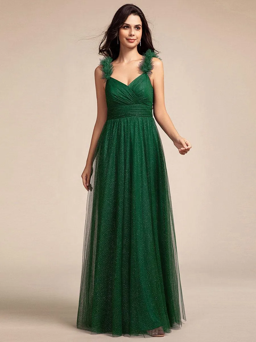 Robe longue de demoiselle d'honneur plissée sans manches à paillettes