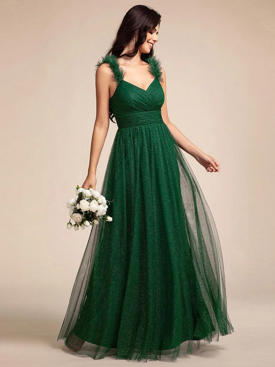 Robe longue de demoiselle d'honneur plissée sans manches à paillettes