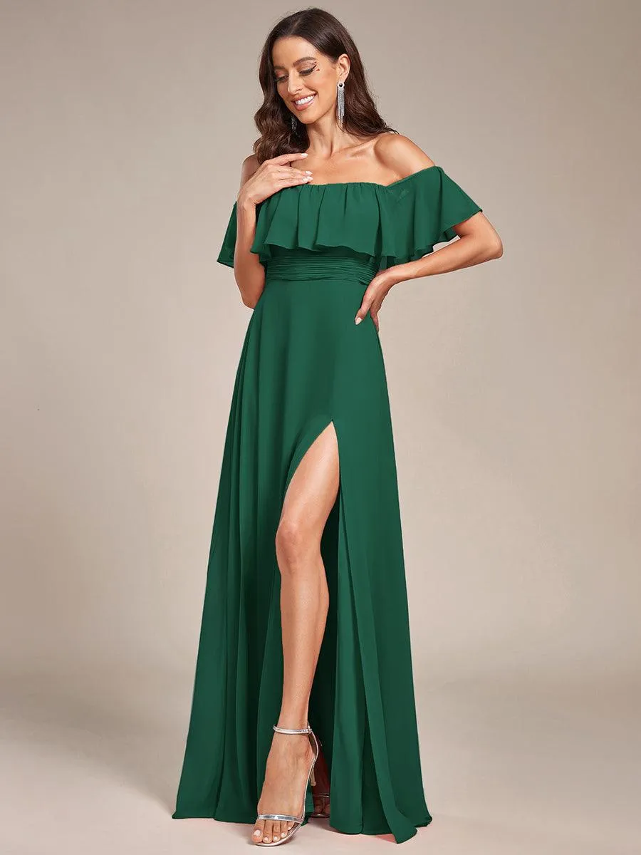 Robes de soirée Longue Fendue à épaules Dénudées à Volants