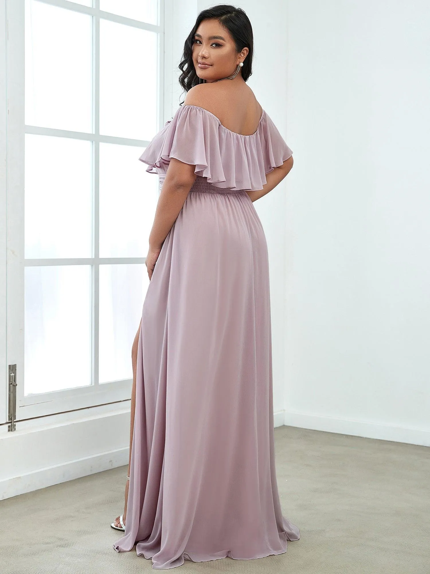 Robes de soirée Longue Fendue à épaules Dénudées à Volants