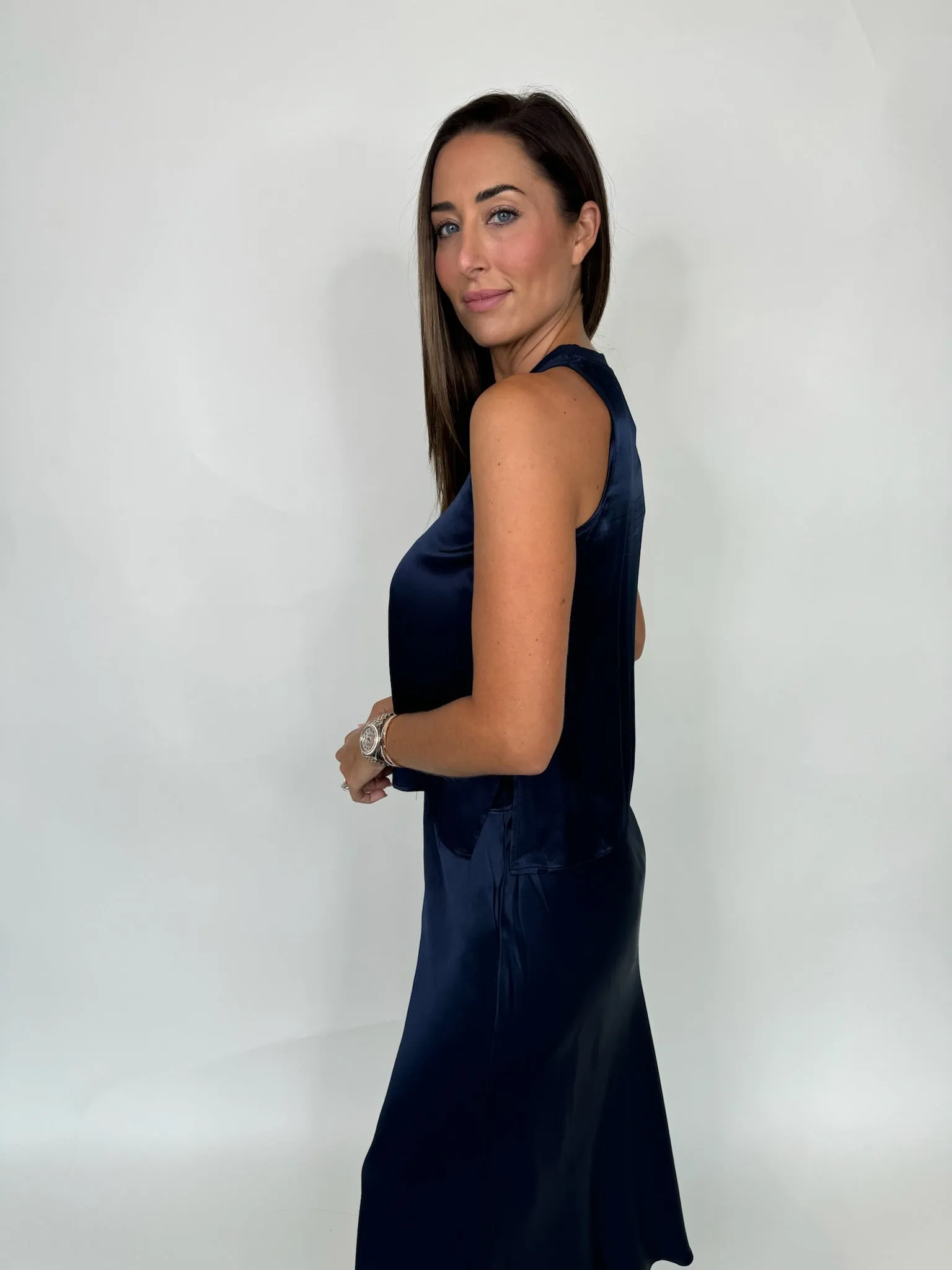 Rose and Crown Satin Tank Navy