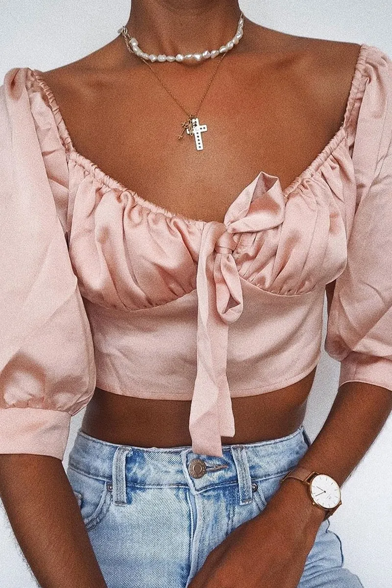 Rose Satin Tie Front Crop Top - Jasie