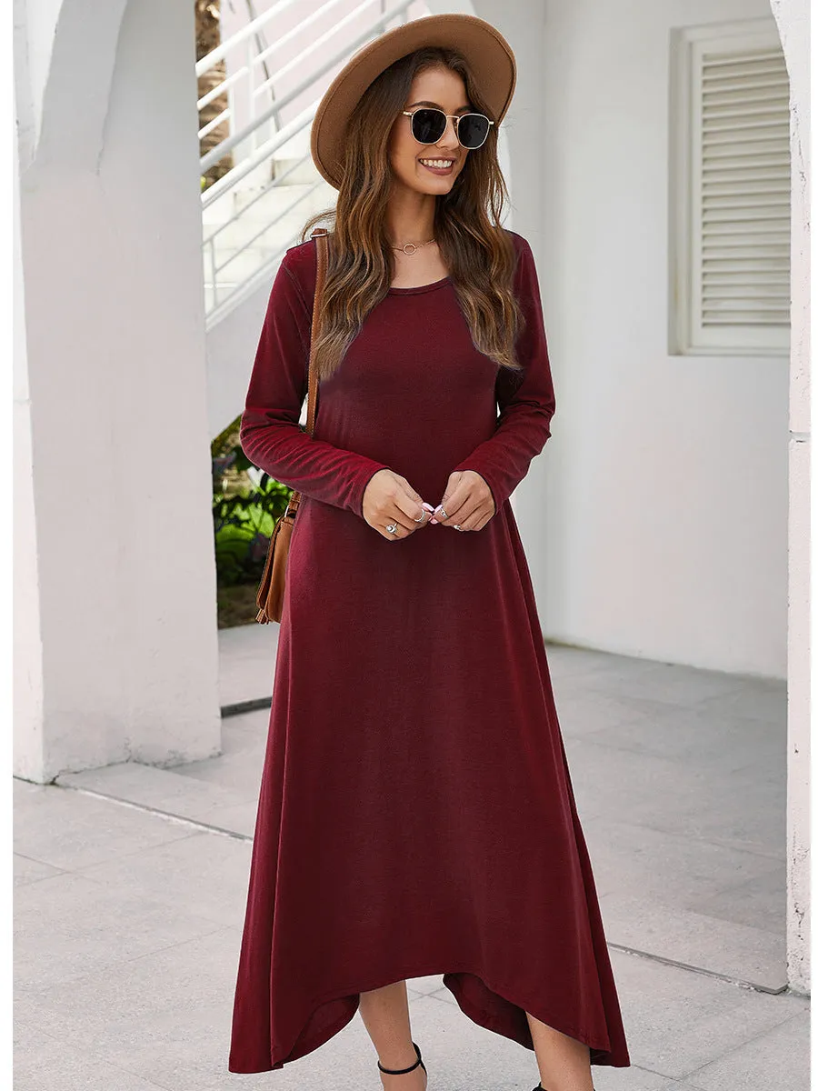 Round Collar Neck Long Sleeve Loose Maxi Dress