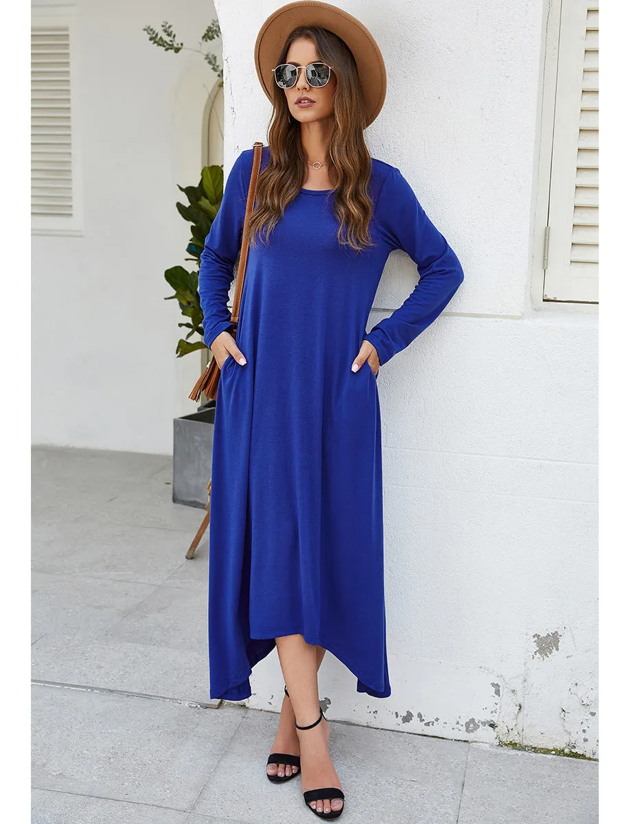 Round Collar Neck Long Sleeve Loose Maxi Dress