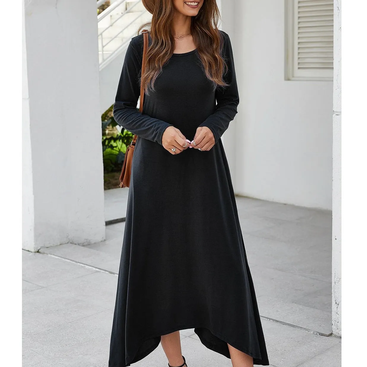 Round Collar Neck Long Sleeve Loose Maxi Dress