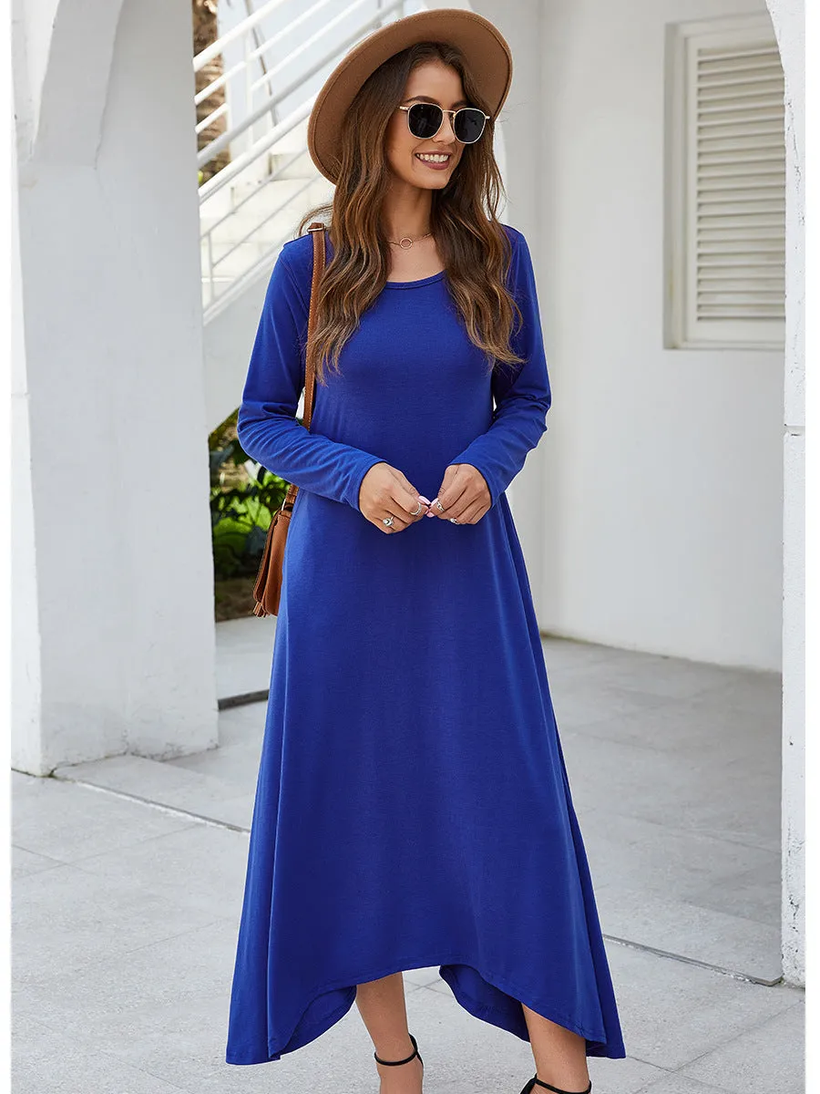 Round Collar Neck Long Sleeve Loose Maxi Dress