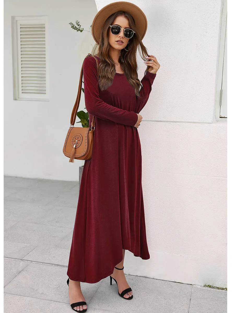 Round Collar Neck Long Sleeve Loose Maxi Dress