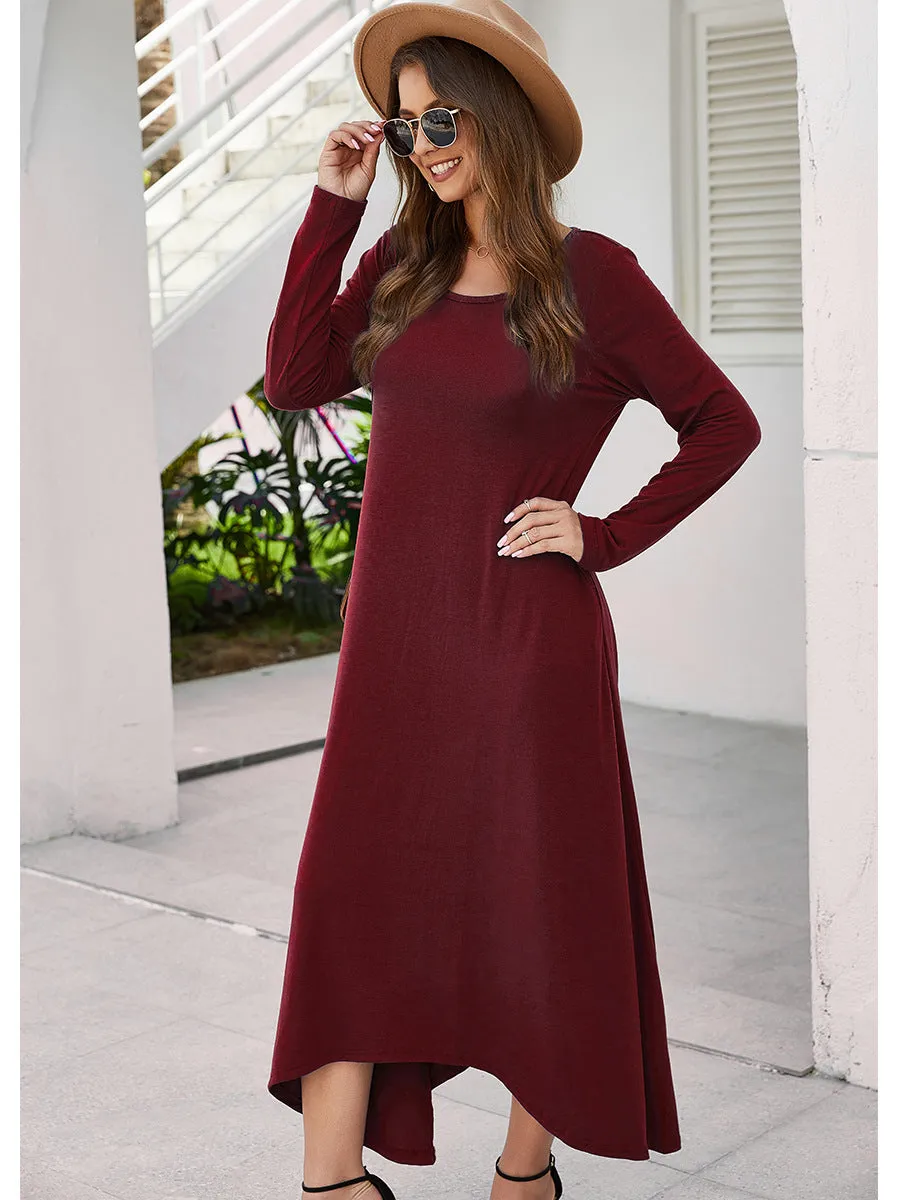 Round Collar Neck Long Sleeve Loose Maxi Dress