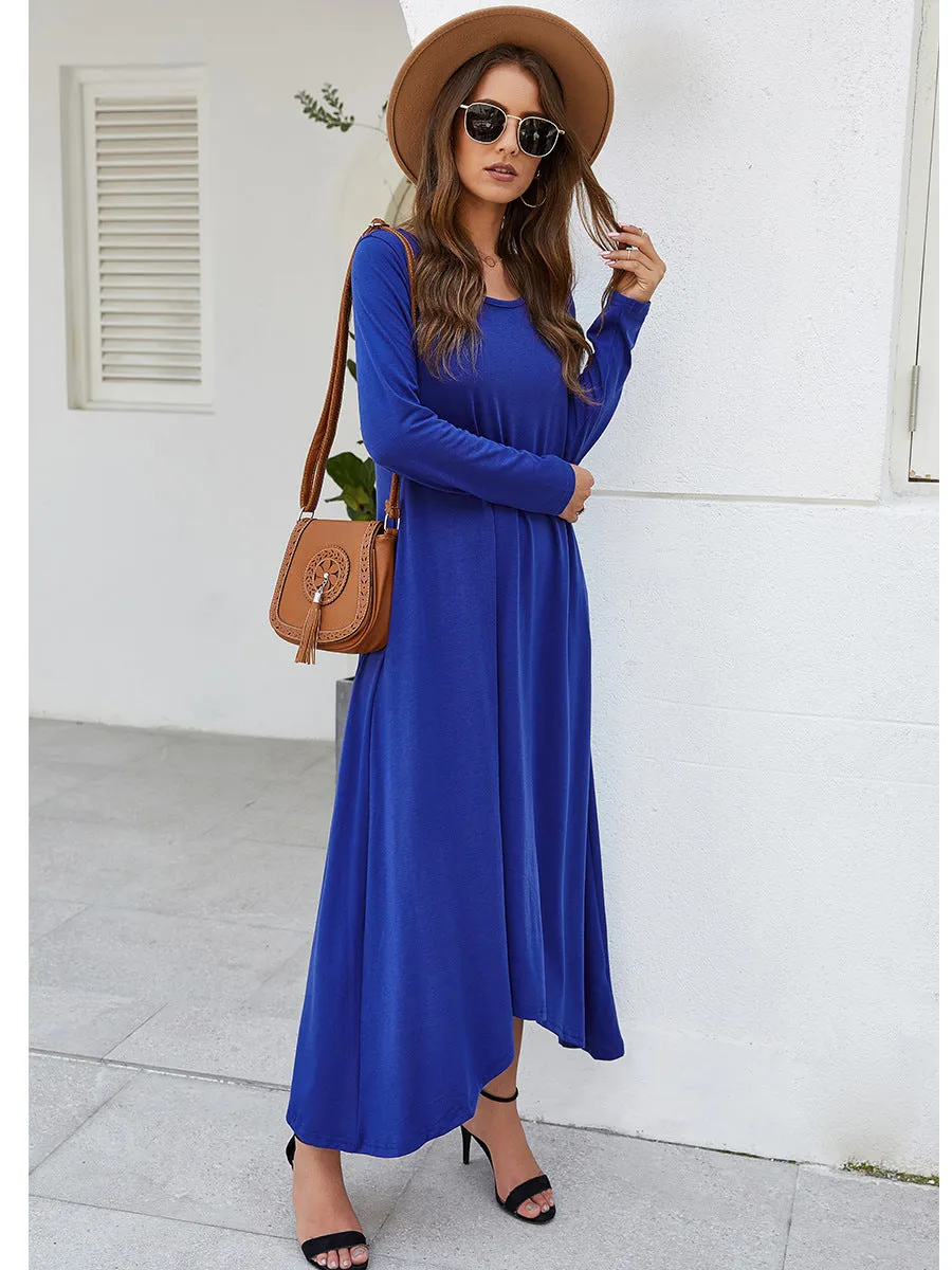 Round Collar Neck Long Sleeve Loose Maxi Dress