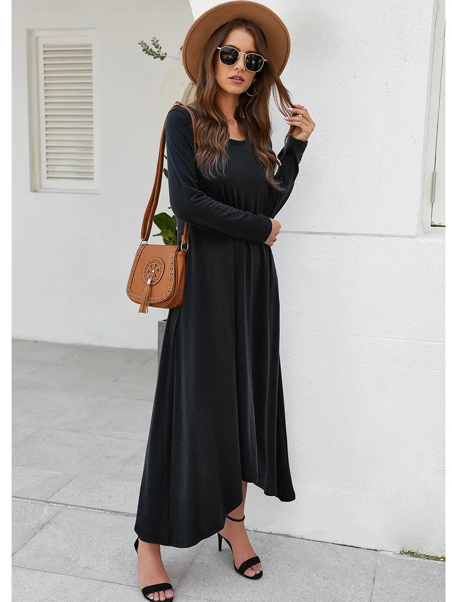 Round Collar Neck Long Sleeve Loose Maxi Dress