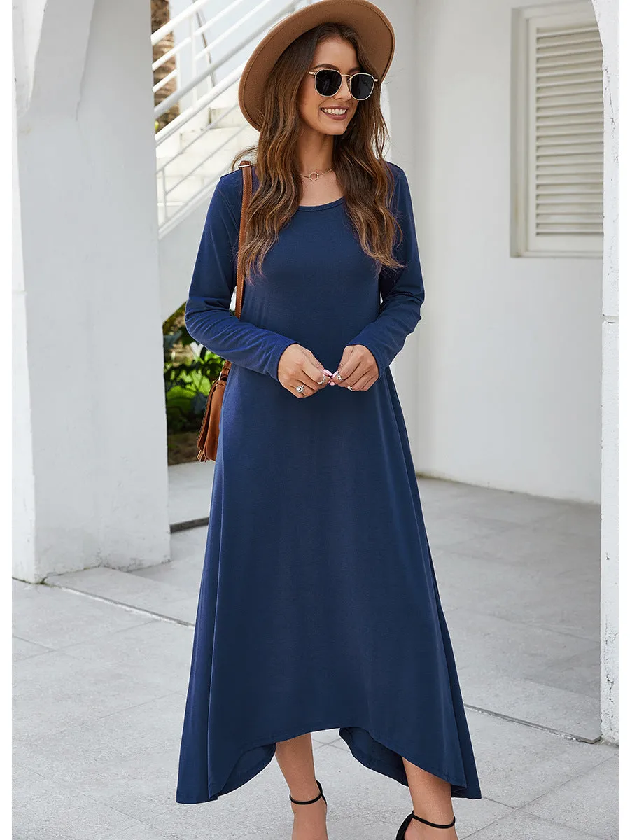 Round Collar Neck Long Sleeve Loose Maxi Dress