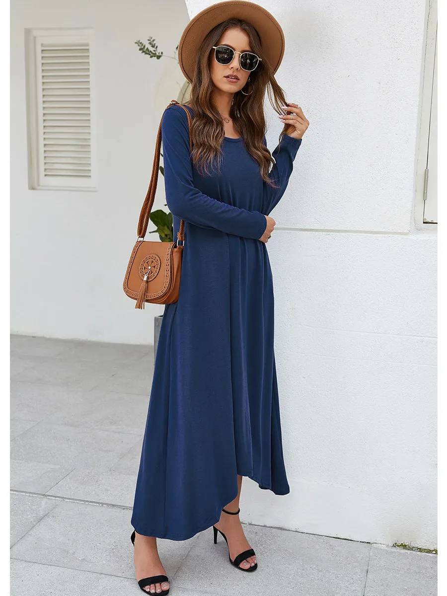 Round Collar Neck Long Sleeve Loose Maxi Dress