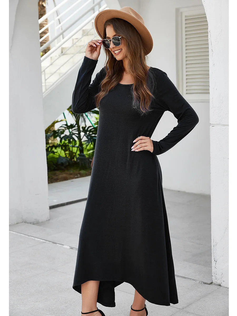 Round Collar Neck Long Sleeve Loose Maxi Dress