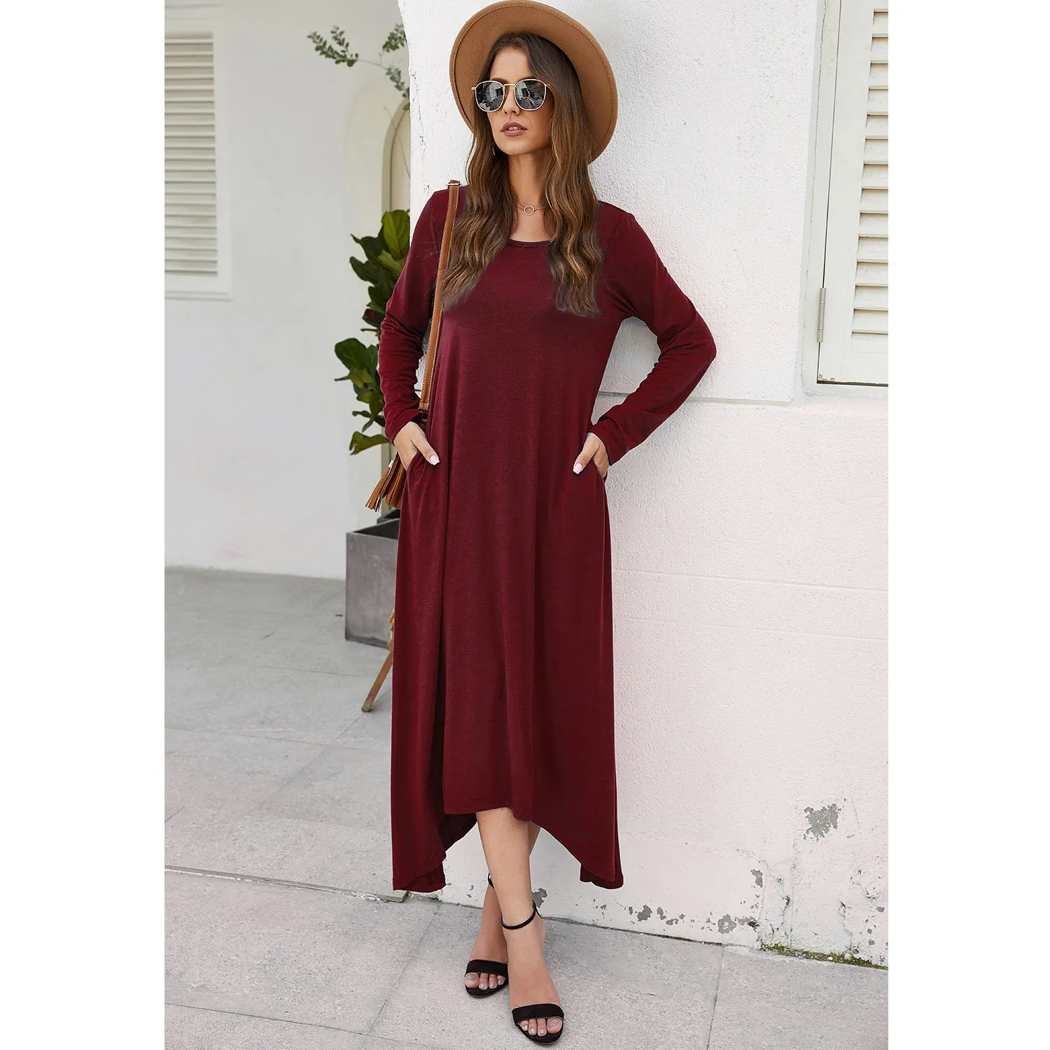 Round Collar Neck Long Sleeve Loose Maxi Dress