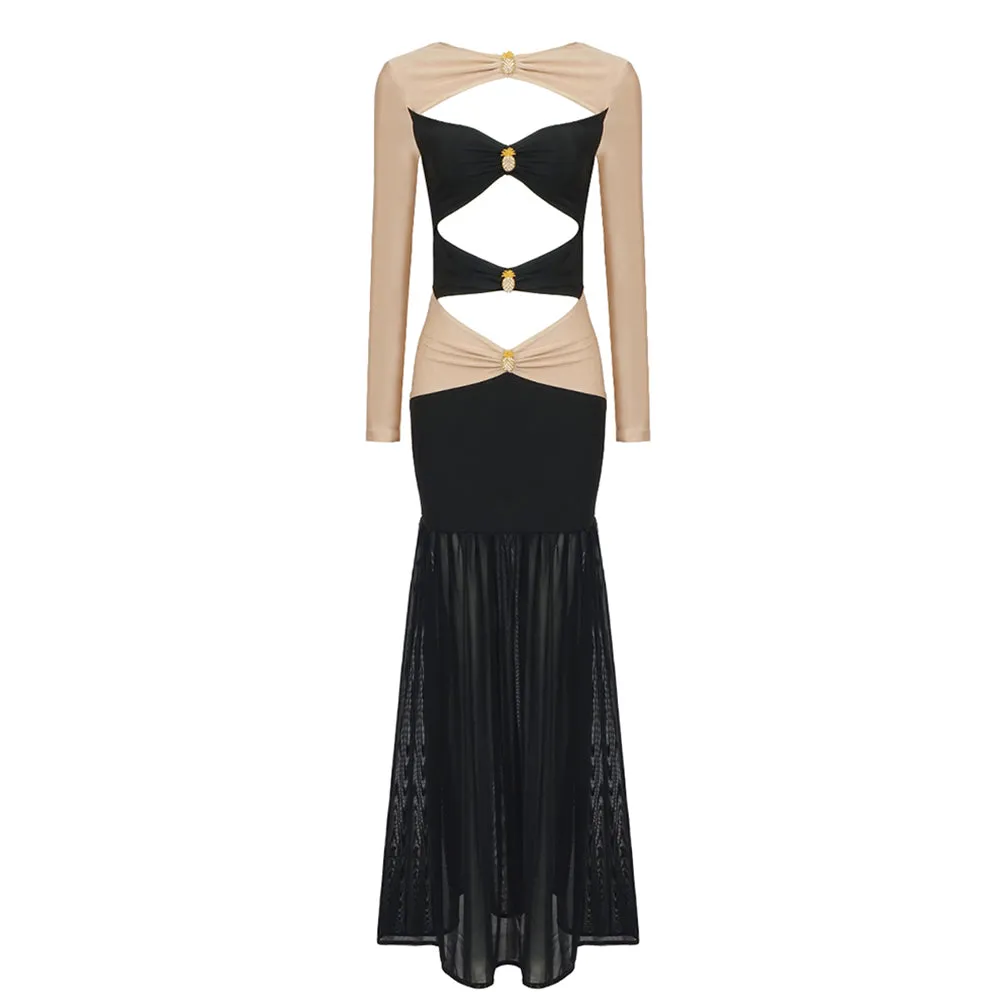 Round Neck Pineapple Decoration Maxi Bodycon Dress BD2444