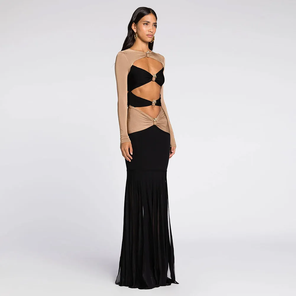 Round Neck Pineapple Decoration Maxi Bodycon Dress BD2444