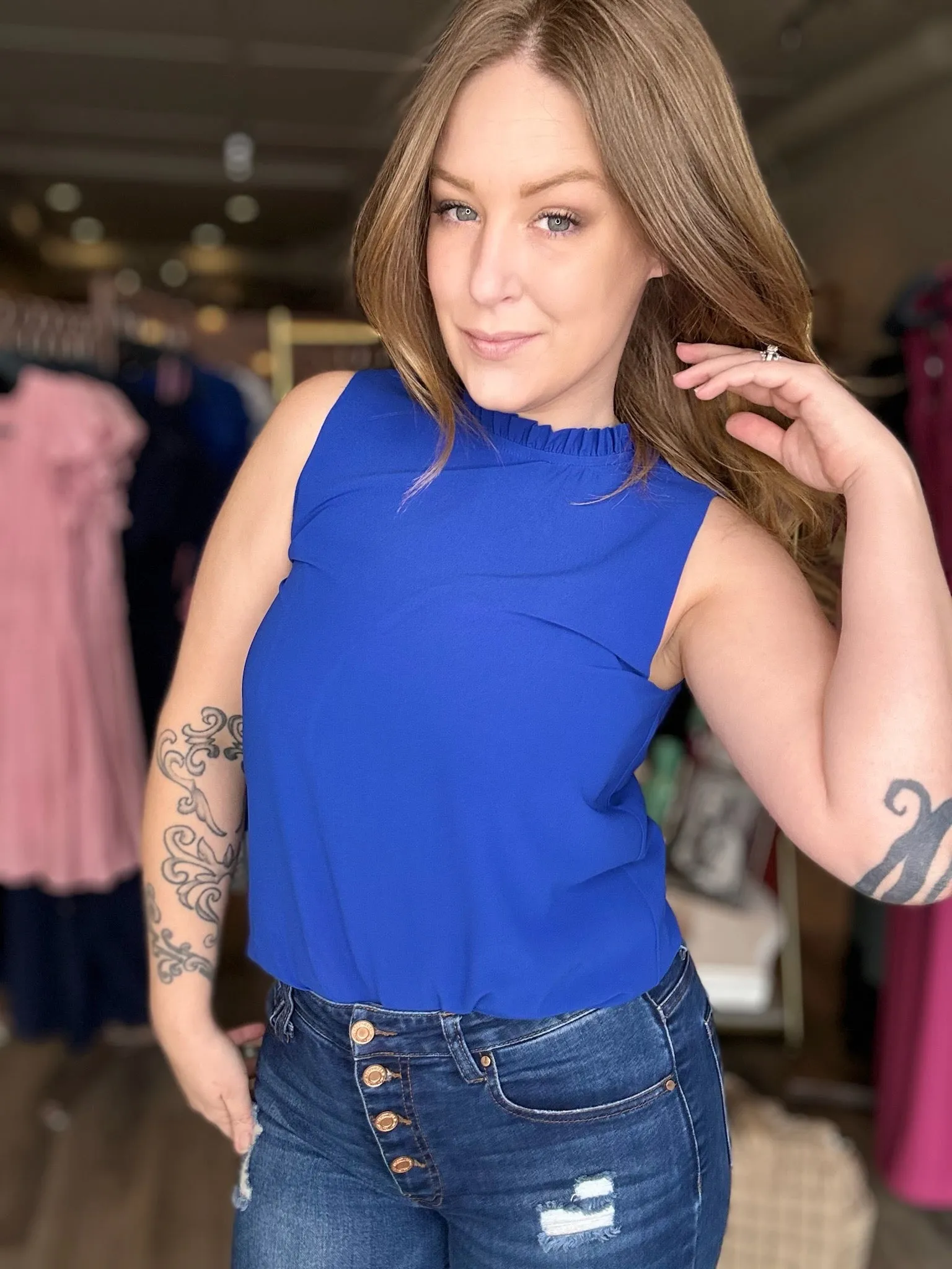 Royal Ruffle Mock Neck Blouse