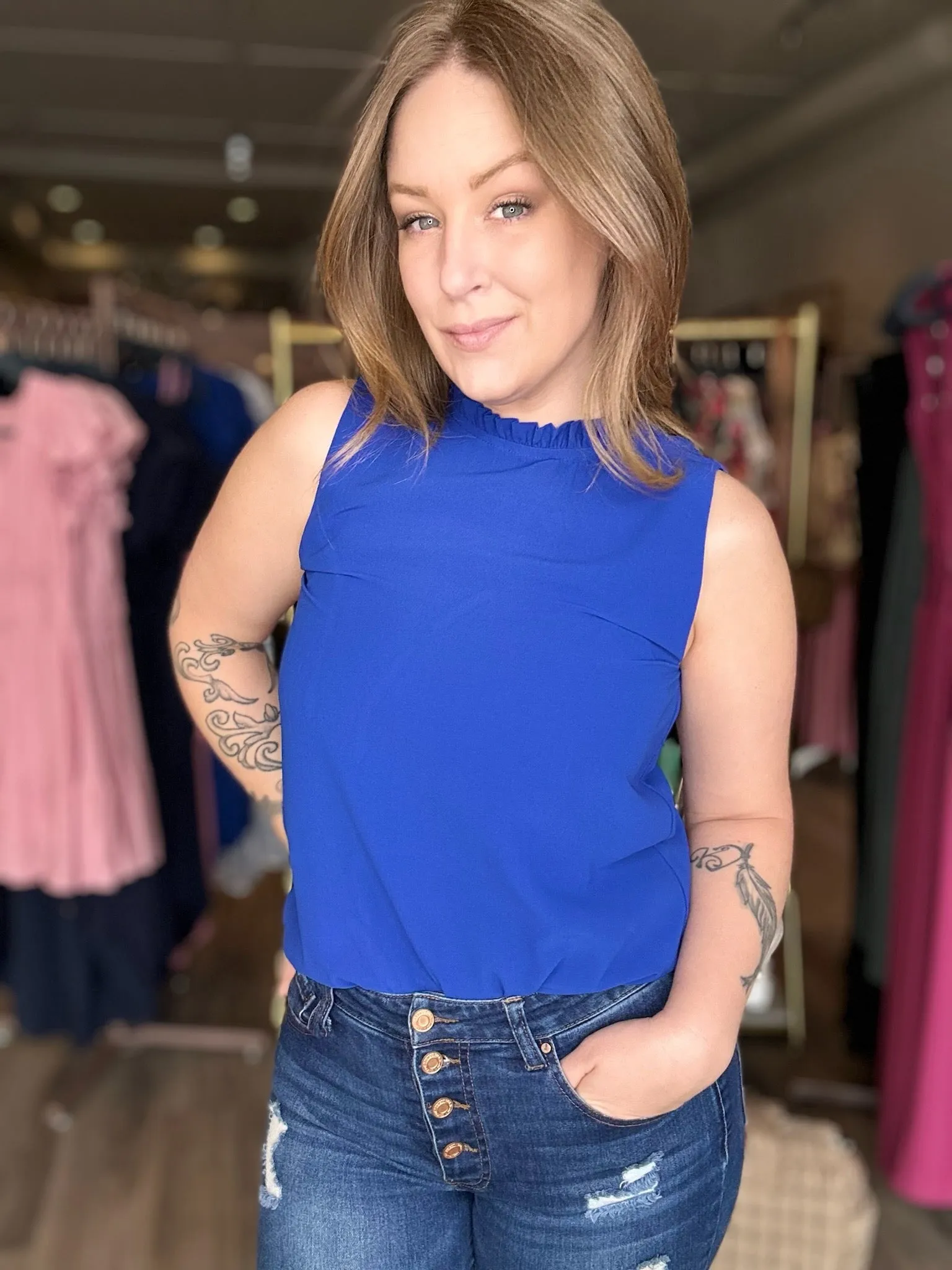 Royal Ruffle Mock Neck Blouse