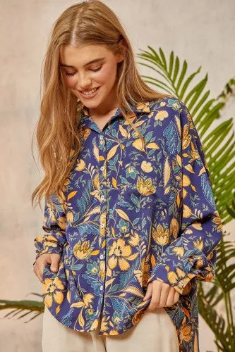 Royal Satin Floral Print Button Down Blouse