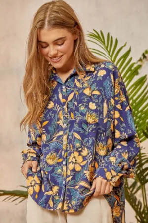 Royal Satin Floral Print Button Down Blouse