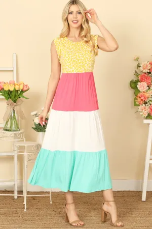 RUFFLE SLEEVELESS LEOPARD CONTRAST COLOR BLOCK MAXI DRESS