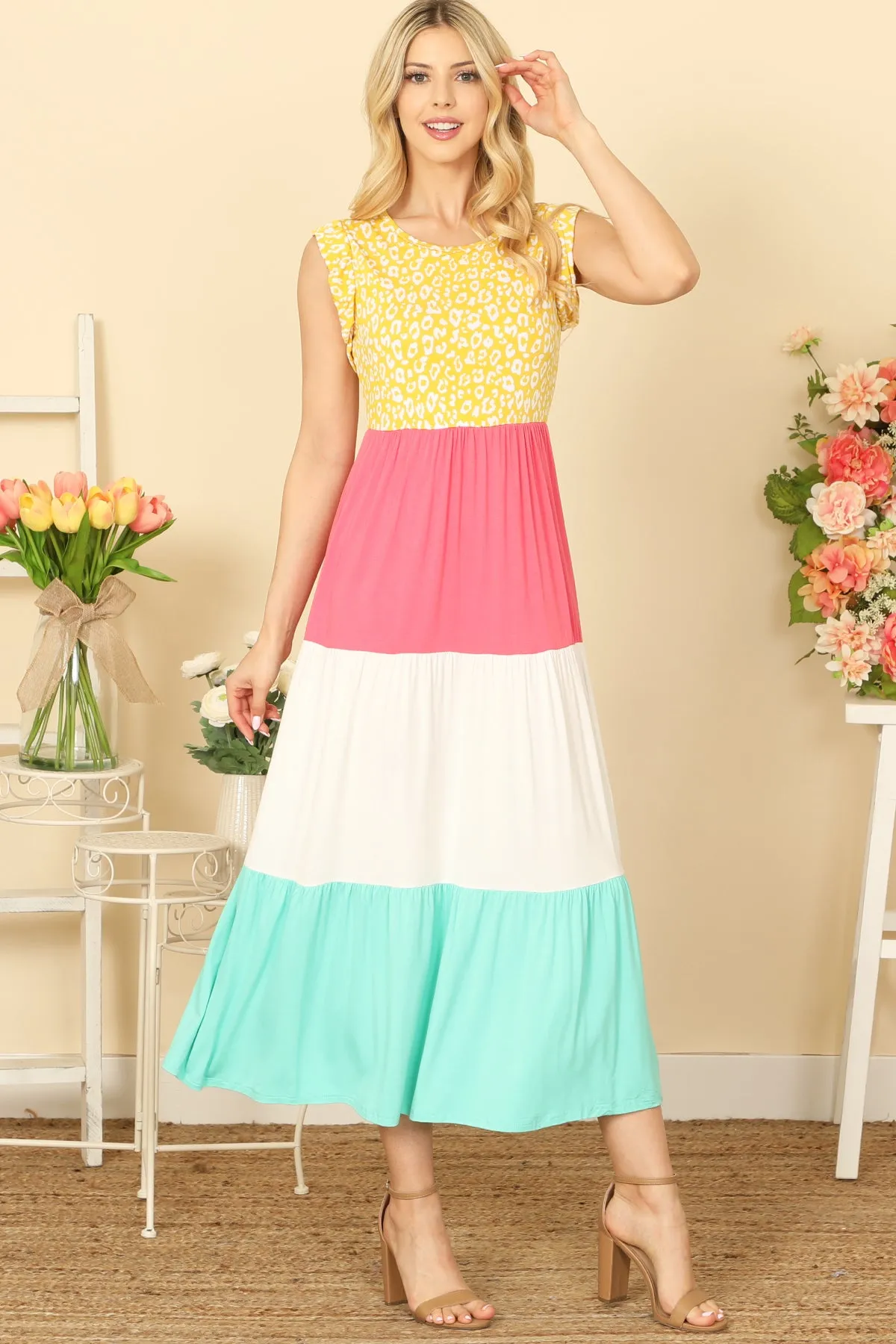 RUFFLE SLEEVELESS LEOPARD CONTRAST COLOR BLOCK MAXI DRESS