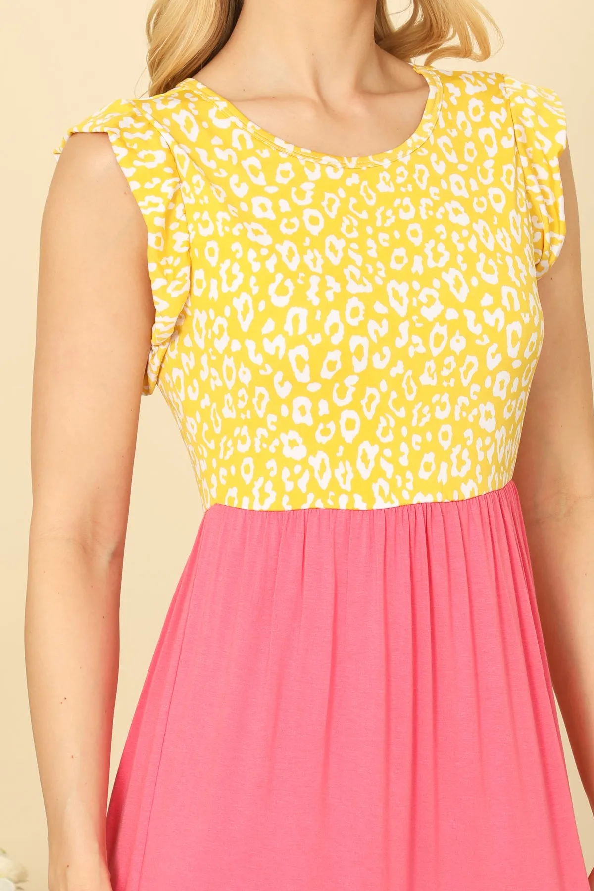 RUFFLE SLEEVELESS LEOPARD CONTRAST COLOR BLOCK MAXI DRESS