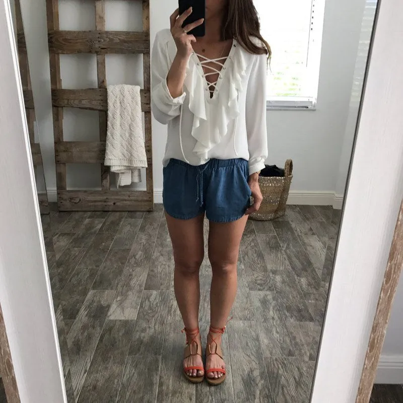 Ruffled Lace Up Summer Blouse