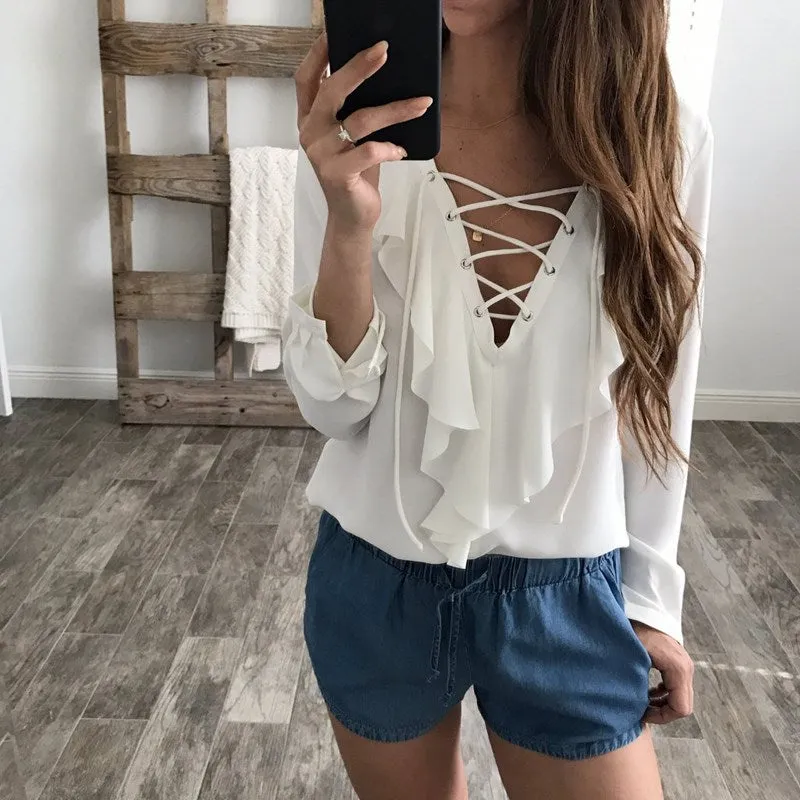 Ruffled Lace Up Summer Blouse