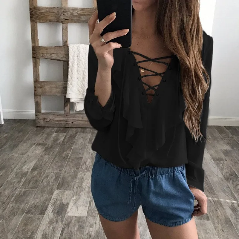 Ruffled Lace Up Summer Blouse