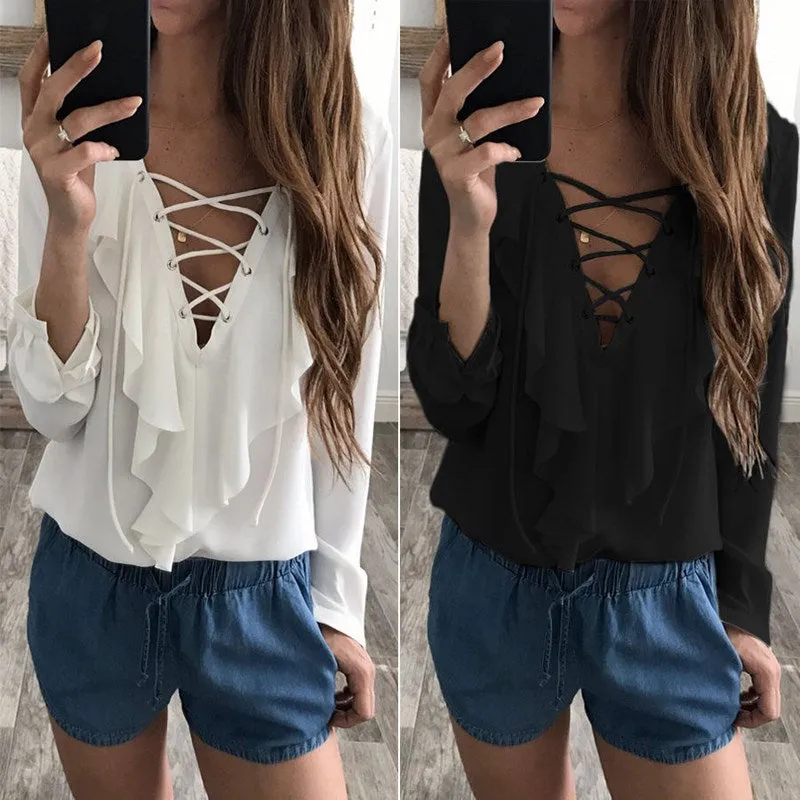 Ruffled Lace Up Summer Blouse