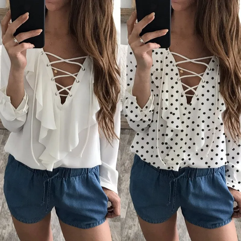 Ruffled Lace Up Summer Blouse