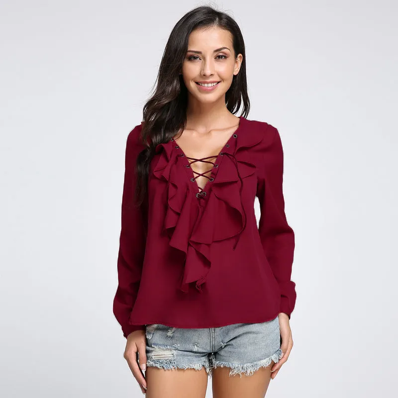Ruffled Lace Up Summer Blouse