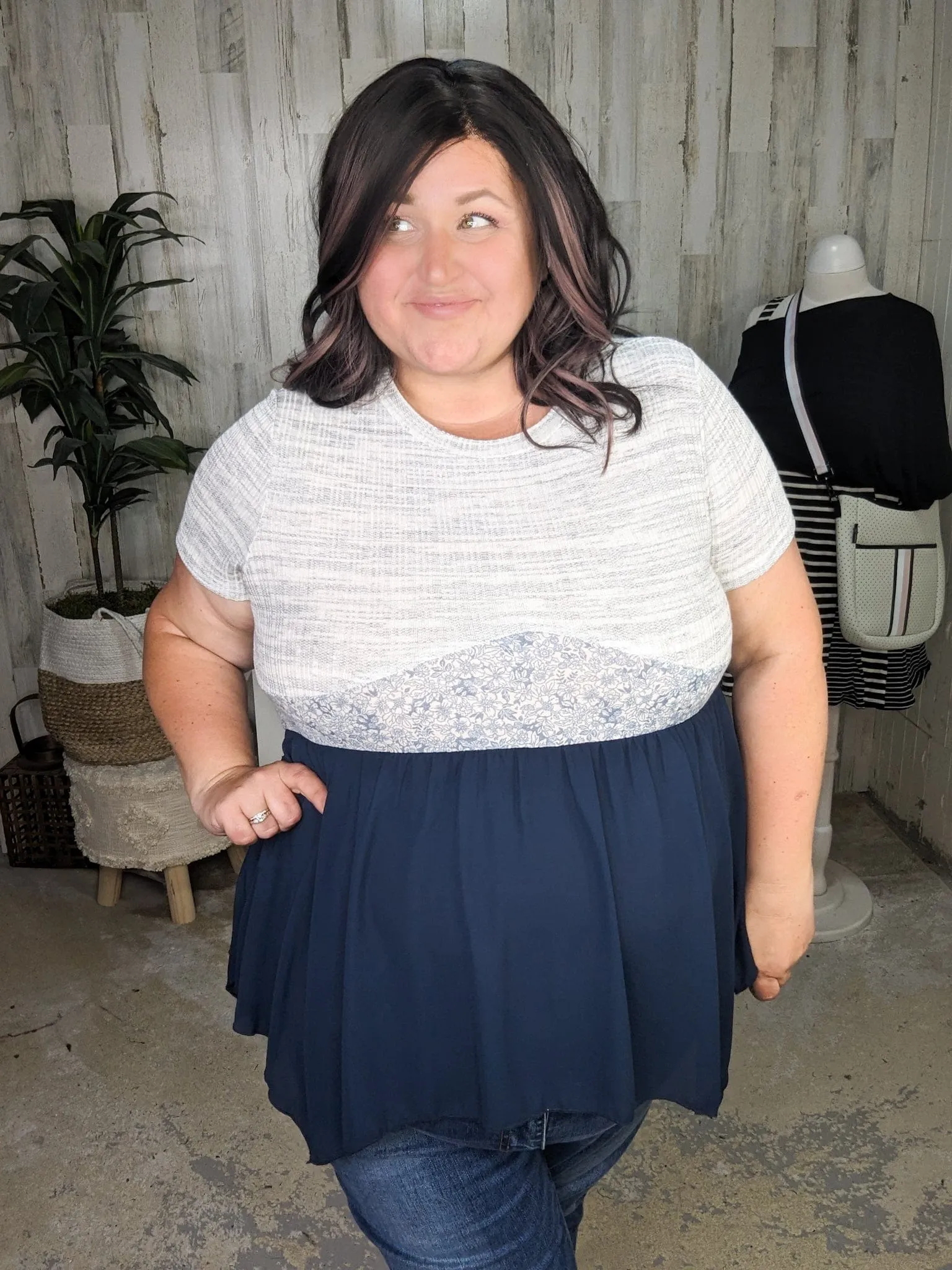 SALE- Sabrina Floral Accent Babydoll in Navy   Gray