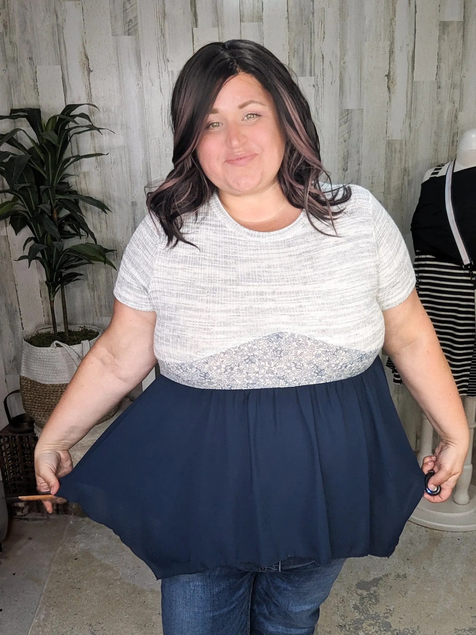 SALE- Sabrina Floral Accent Babydoll in Navy   Gray