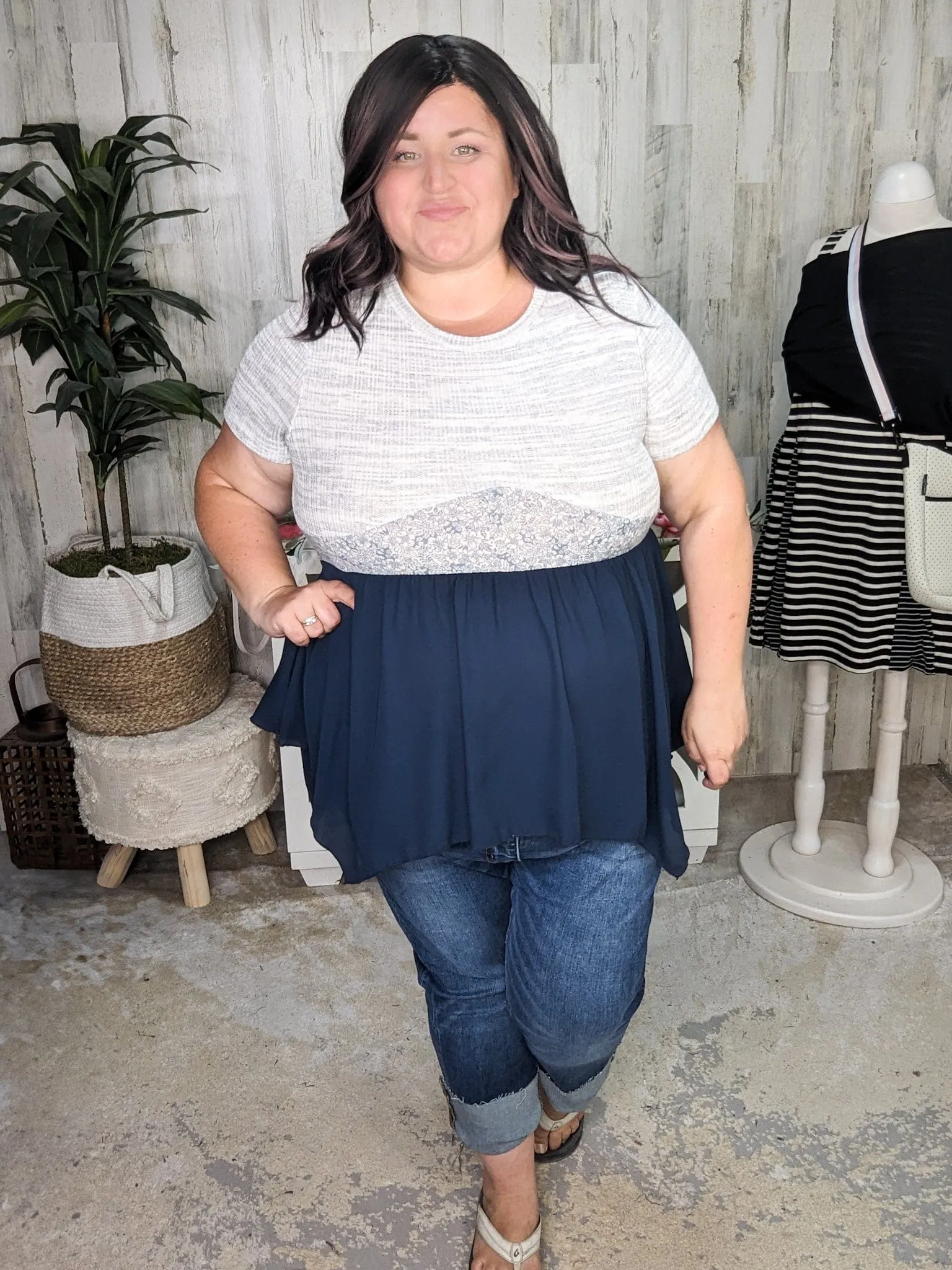 SALE- Sabrina Floral Accent Babydoll in Navy   Gray