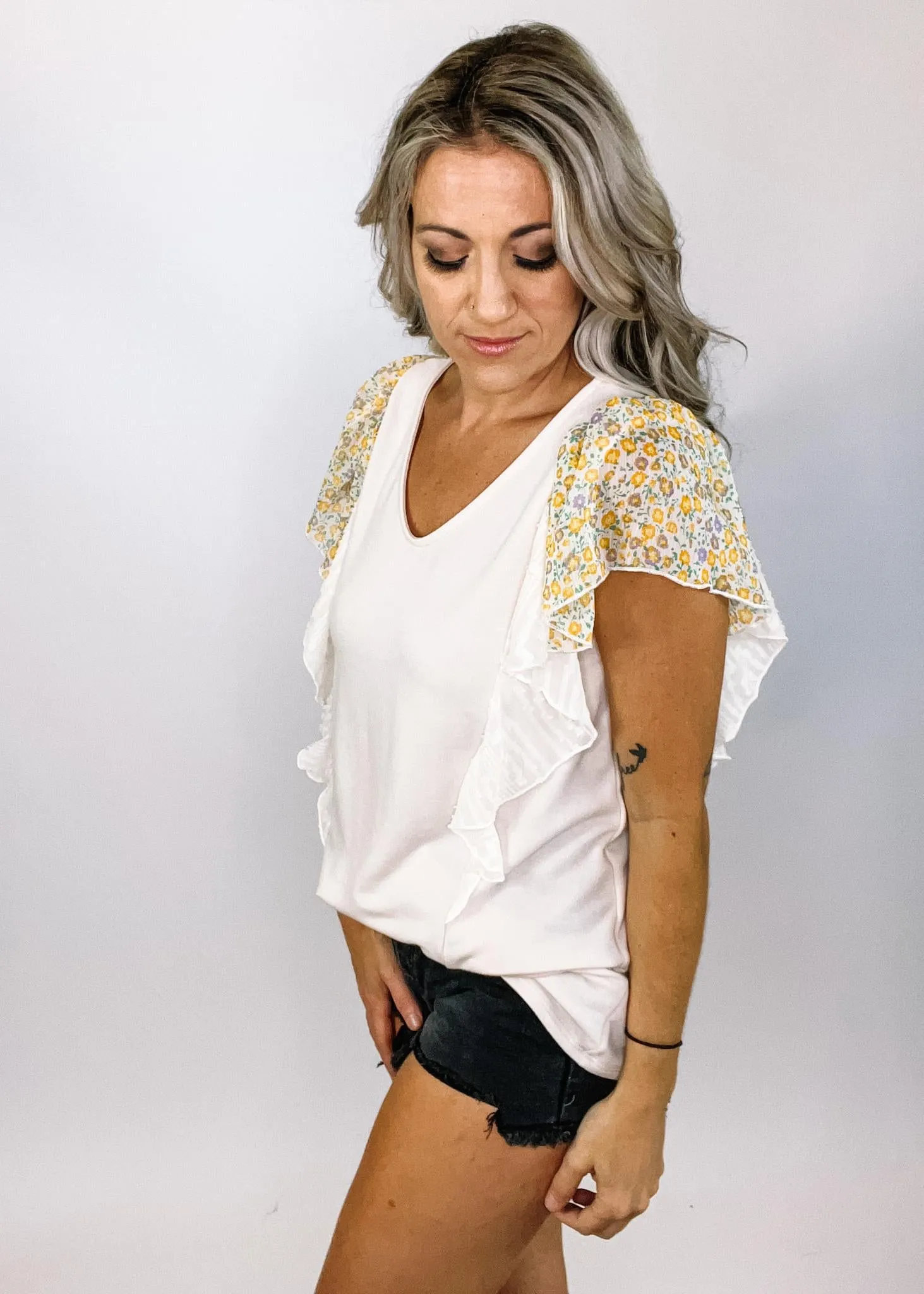 Sand Top with Chiffon Mixed Print Ruffle