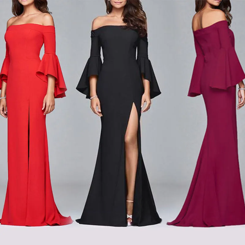 Sexy Word Collar Split Maxi Full Dress