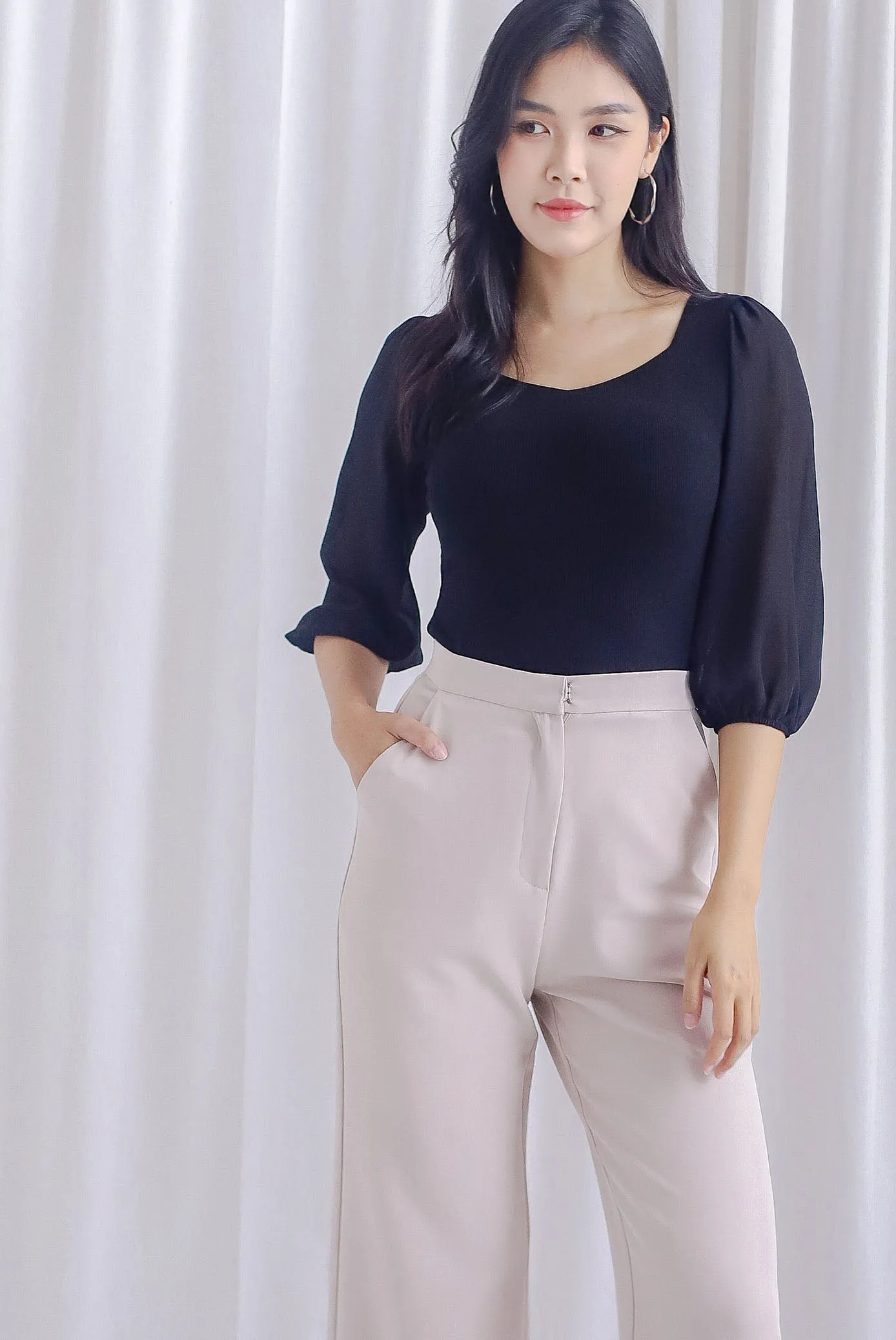 Shernice Chiffon Sleeve Padded Top In Black