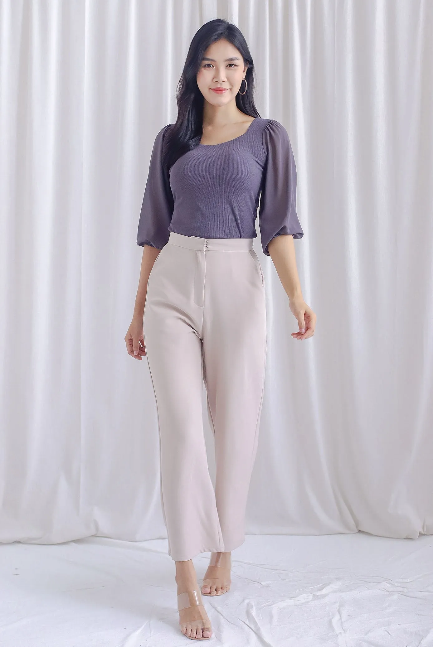Shernice Chiffon Sleeve Padded Top In Gunmetal Grey
