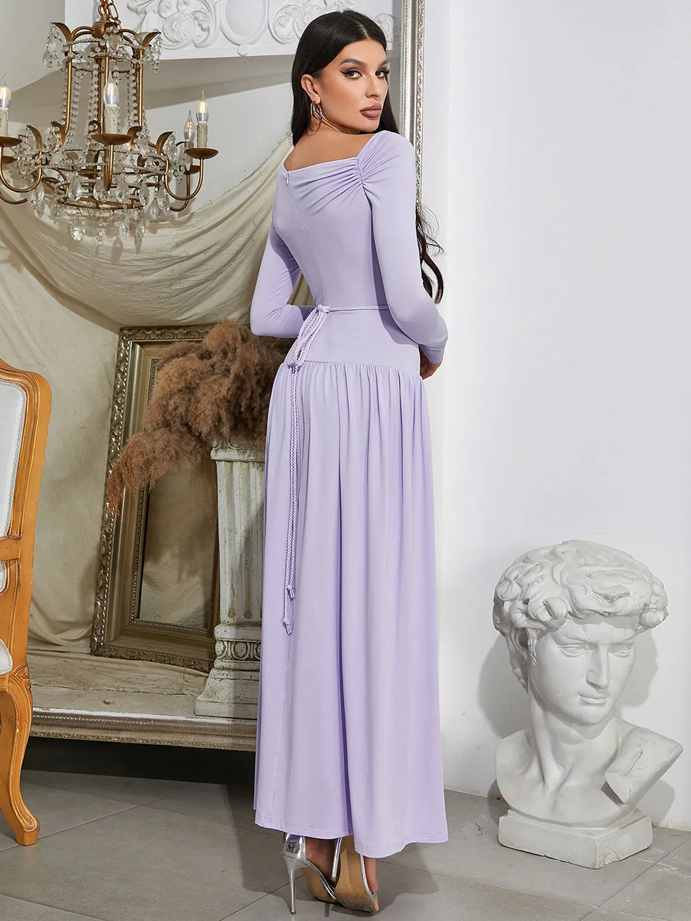 Skew Collar Long Sleeve Plain Maxi Bodycon Dress HB0378