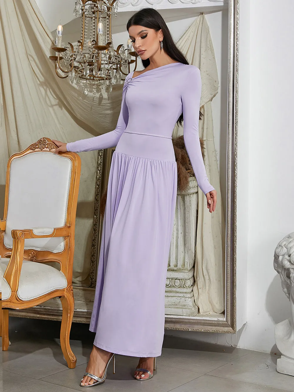 Skew Collar Long Sleeve Plain Maxi Bodycon Dress HB0378