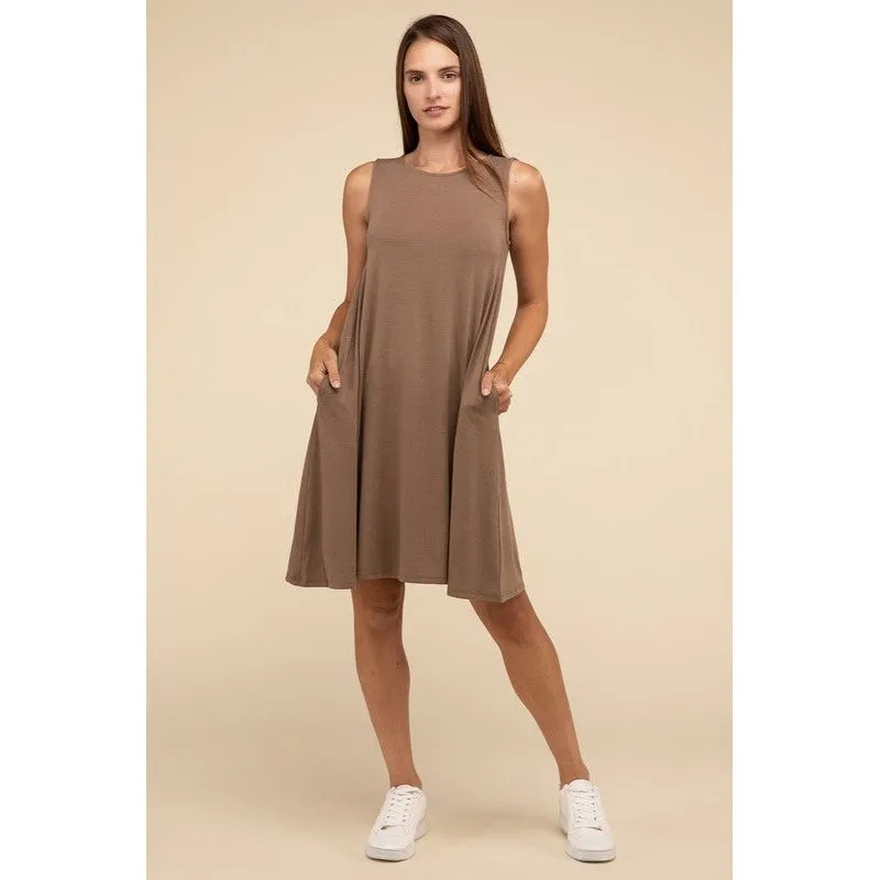 Sleeveless Flared Dress with Side Pockets