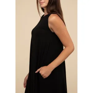 Sleeveless Flared Dress with Side Pockets